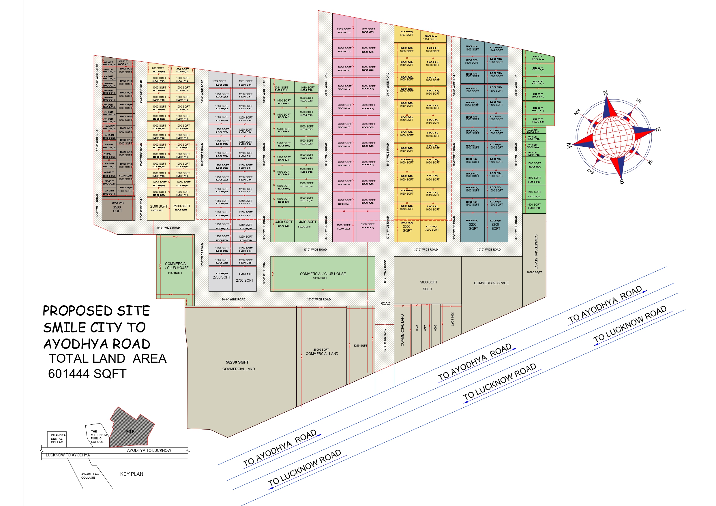 SmileCity Estates — Official Site Plan, 601,444 sqft across 8 blocks on Lucknow–Ayodhya Road